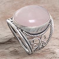 Rose quartz cocktail ring, 'Pink Moon' - Hand Crafted Sterling Silver Ring from Indonesia