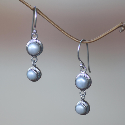 Pearl dangle earrings, 'Two Full Moons' - Pearl Sterling Silver Dangle Earrings