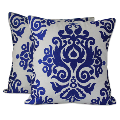 Cotton cushion covers, 'Sapphire Beauty' (pair) - White and Blue Embroidered Cotton Cushion Covers (Pair)