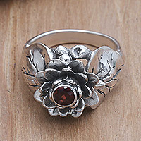 Garnet flower ring, 'Lotus Purity' - Garnet and Sterling Silver Flower Ring