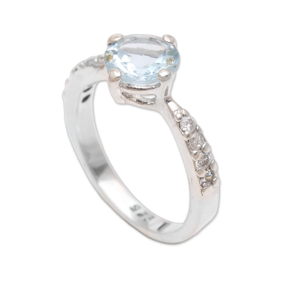 Blue topaz solitaire ring, 'Lakeside Sparkle' - Blue Topaz and Sterling Silver Solitaire Ring from Bali