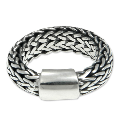 Men's sterling silver band ring, 'Dragon Sigh' - Men's sterling silver band ring