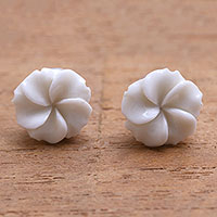 Bone stud earrings, 'Glorious Jepun' - Frangipani Flower Bone Stud Earrings from Bali