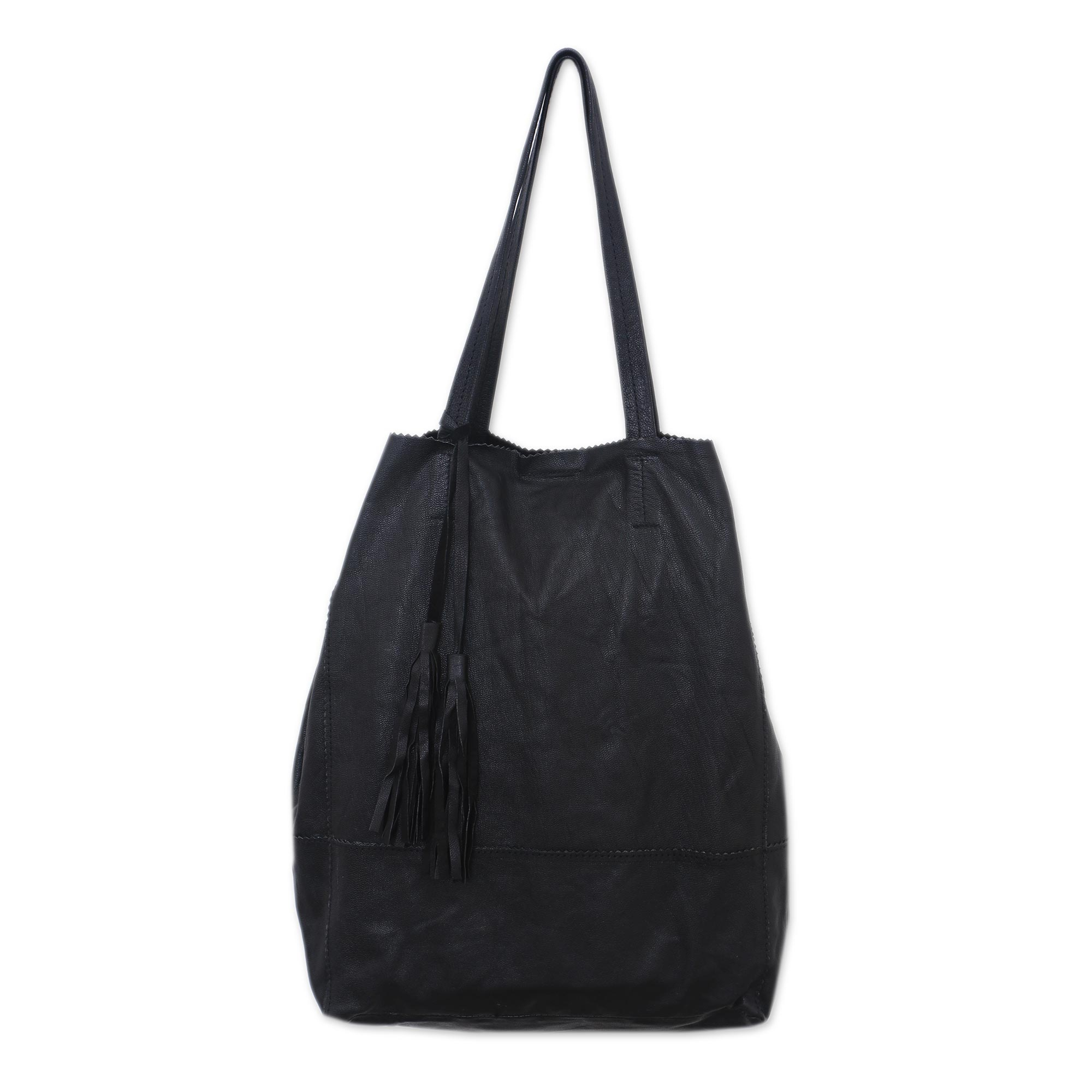 Handmade Leather Tote Handbag in Black from Bali - Jogja Shopper in ...