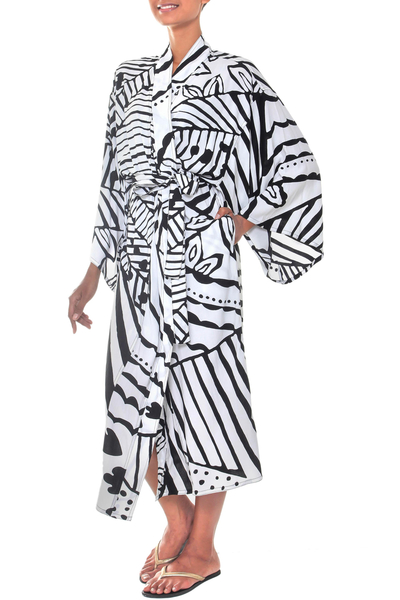 Rayon robe, 'White Night II' - Women's Black and White Print Rayon Wrap Robe