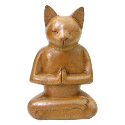 Wood sculpture, 'Cat in Deep Meditation' - Wood Cat Sculpture from Indonesia