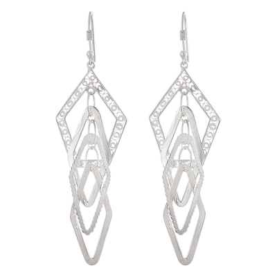 Silver dangle earrings, 'Filigree Diamonds' - Silver dangle earrings