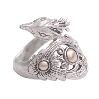 Gold accent sterling silver cocktail ring, 'Prized Peacock' - Sterling Silver with Gold Accents Peacock Cocktail Ring