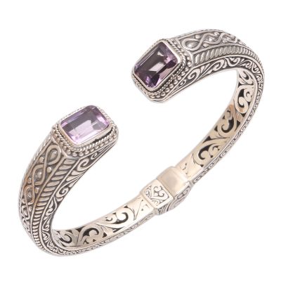 Amethyst cuff bracelet, 'Sukawati Helix' - Helix Pattern Amethyst Cuff Bracelet from Bali