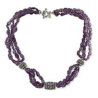 Amethyst beaded strand necklace, 'Twilight Twist' - Amethyst Beaded Three-Strand Necklace
