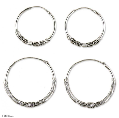 Sterling silver hoop earrings, 'Modern Mughal' (2 pairs) - Hand Made Sterling Silver Hoop Earrings (2 Pairs)
