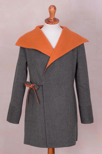 100% baby alpaca reversible coat, 'Fetching' - Orange and Grey Reversible 100% Baby Alpaca Wool Coat