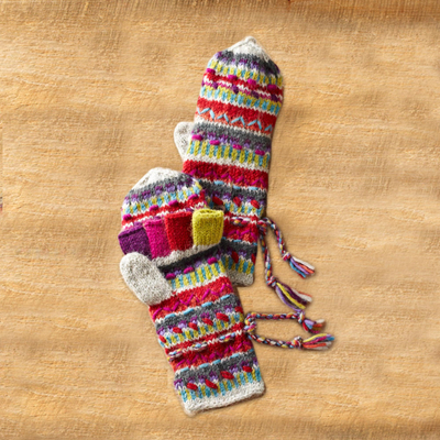 Wool convertible mittens, 'Kamala Stripes' - Kamala Convertible Mittens