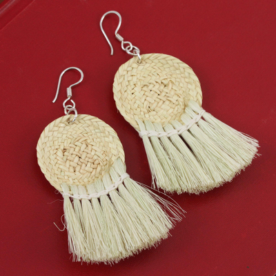 Palm fiber dangle earrings, 'Beautiful Baskets' - Circular Palm Fiber Dangle Earrings from Mexico