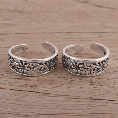 Sterling silver toe rings, 'Jali Flower' (pair) - Sterling Silver Toe Rings with Floral Motifs (Pair)