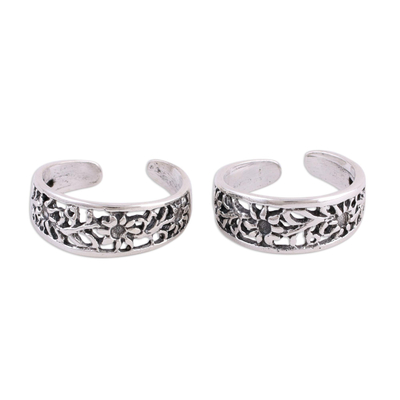Sterling silver toe rings, 'Jali Flower' (pair) - Sterling Silver Toe Rings with Floral Motifs (Pair)