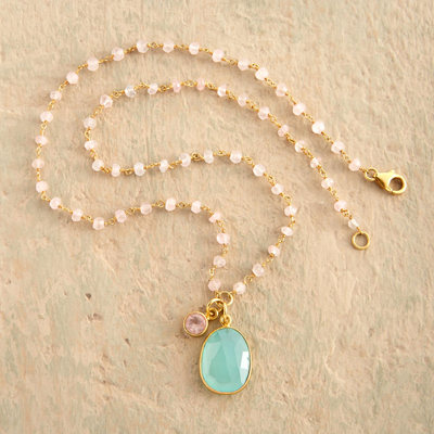 Gold plated chalcedony and rose quartz pendant necklace, 'Raja's Treasure' - Indian Faceted Chalcedony Necklace