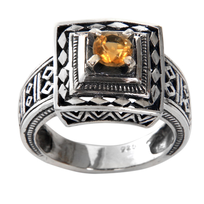 Citrine cocktail ring, 'Ayung Terraces' - Artisan Crafted Engraved Sterling Silver and Citrine Ring