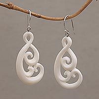 Bone dangle earrings, 'Swirly Vines' - Handcrafted Bone Dangle Earrings from Bali