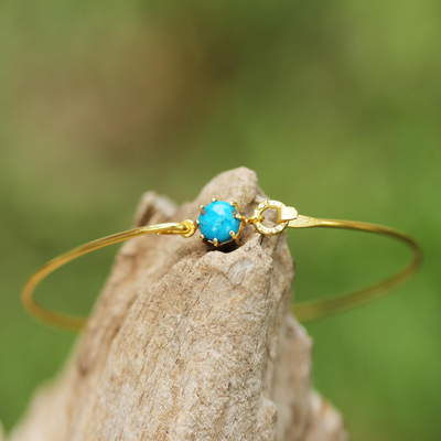 Gold plated bangle bracelet, 'Charmed Luck' - Thai Gold Plated Bangle with Reconstituted Turquoise