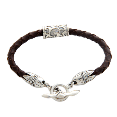 Leather braided bracelet, 'Tribal Scroll in Brown' - Leather braided bracelet
