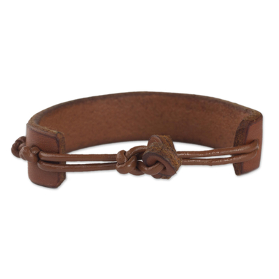 Men's leather wristband bracelet, 'Stand Alone in Tan' - Men's Hand Crafted Leather Wristband Bracelet from Africa
