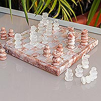 Onyx and marble chess set, 'Pink and Ivory Challenge' - Onyx and Marble Chess Set in Pink and Ivory from Mexico