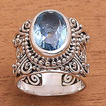 Blue Topaz and Sterling Silver Single Stone Ring from Bali, 'Glorious Vines'