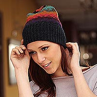 100% alpaca hat, 'Andean Twilight' - Handmade Alpaca Wool Striped Hat from Peru