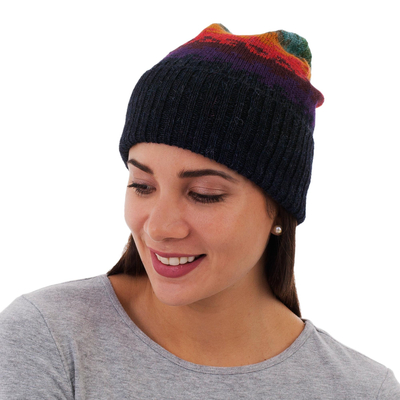 100% alpaca hat, 'Andean Twilight' - Handmade Alpaca Wool Striped Hat from Peru