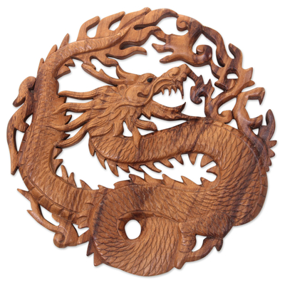 Wood relief panel, 'Dragon of Fire' - Hand Carved Suar Wood Balinese Dragon Relief Panel