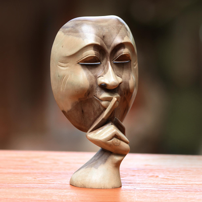 Wooden statuette, 'Silence is Golden' - Original Hibiscus Wood Sculpture