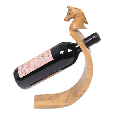 Wood wine bottle holder, 'Brown Balinese Pony' - Horse Theme Carved Wood Wine Bottle Holder from Bali