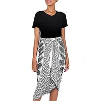 Rayon batik sarong, 'White Sun' - Handmade Batik Indonesian Sarong in Black and White
