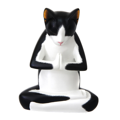 Wood sculpture, 'Tuxedo Kitty Meditates' - Prayer Wood Cat Sculpture