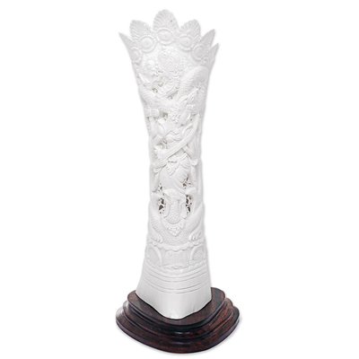 Bone statuette, 'Dewi Saraswati' - Handcrafted White Cow Bone Statuette of Goddess Saraswati