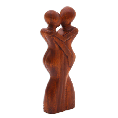 Wood statuette, 'Anniversary Embrace' - Original Wood Sculpture Hand Carved in Indonesia