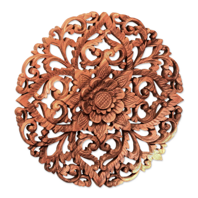 Wood relief panel, 'Royal Flower' - Traditional Balinese Floral Wool Round Relief Panel Carving