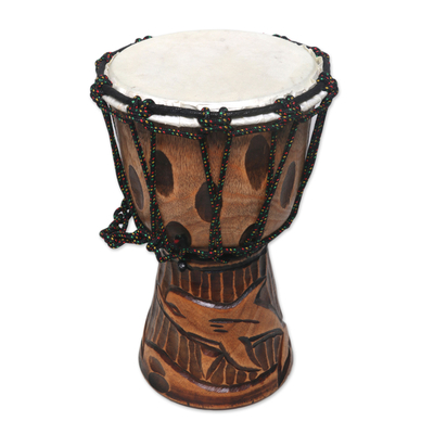 Mahogany mini djembe drum, 'Dolphin Beat' - Dolphin-Themed Mahogany Mini Djembe Drum from Bali