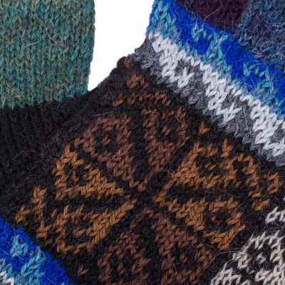 100% alpaca gloves, 'Andean Tradition in Blue' - Artisan Crafted 100% Alpaca Colorful Gloves from Peru