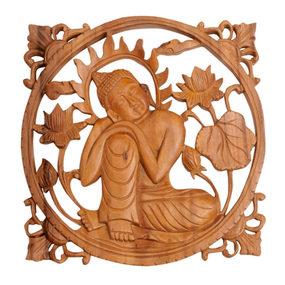 Wood relief panel, 'Buddha in Repose' - Handcrafted Suar Wood Buddha Relief Panel from Bali