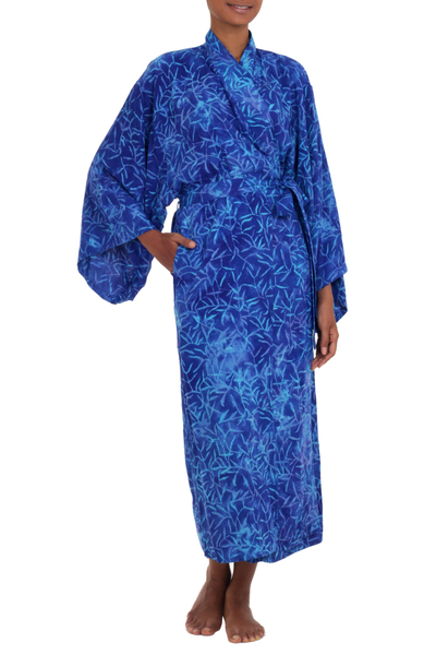 Rayon batik robe, 'Bamboo Blue' - Blue Rayon Long Robe with Bamboo Batik Print from Indonesia