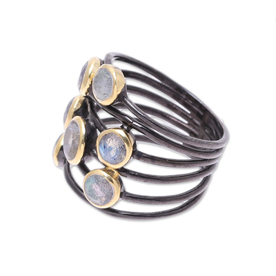 Gold accented labradorite cocktail ring, 'Dewy Morn' - Gold Accent Labradorite Multi-Stone Cocktail Ring from India