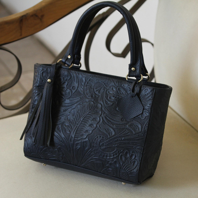 Leather handbag, 'Garden Impressions in Navy' - Handcrafted Navy Floral Motif Embossed Leather Handbag