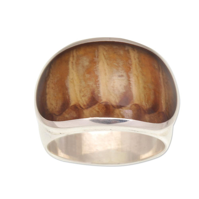 Sterling silver dome ring, 'Tan Cyclops' - Artisan Crafted Ring with Sterling Silver and Resin
