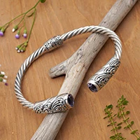Amethyst cuff bracelet, 'Totem Hearts' - Sterling Silver Cuff Bracelet with Hearts and Amethysts