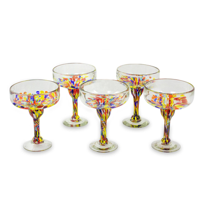 Blown glass margarita glasses, 'Confetti Festival' (set of 5) - Set of 5 Multicolor Hand Blown Glass Margarita Glasses