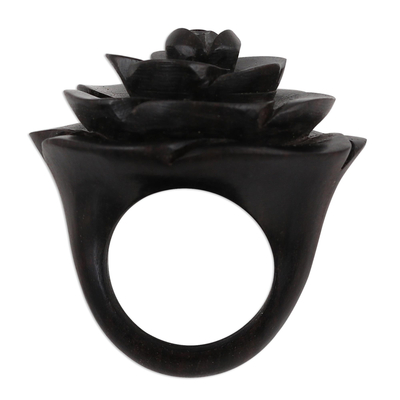 Ebony wood cocktail ring, 'Royal Rose' - Hand-Carved Rose Flower Wood Cocktail Ring from India