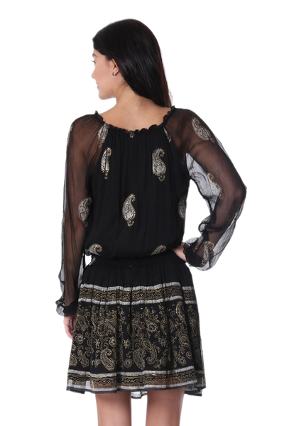 Viscose A-line dress, 'Paisley Midnight' - Block Printed Paisley Motif Viscose A-Line Dress from India