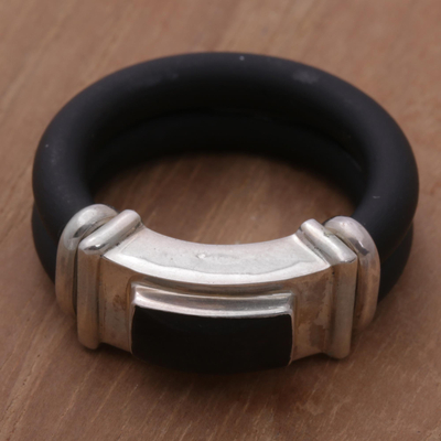 Ring aus Onyx und Gummiband - Schwarzer Bandring aus Onyx-Sterlingsilber und Naturkautschuk